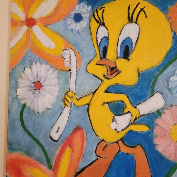 Retro Tweety Bird Canvas Oil Painting - Bathroom Decor 20in x 16in - Picture 3 of 10